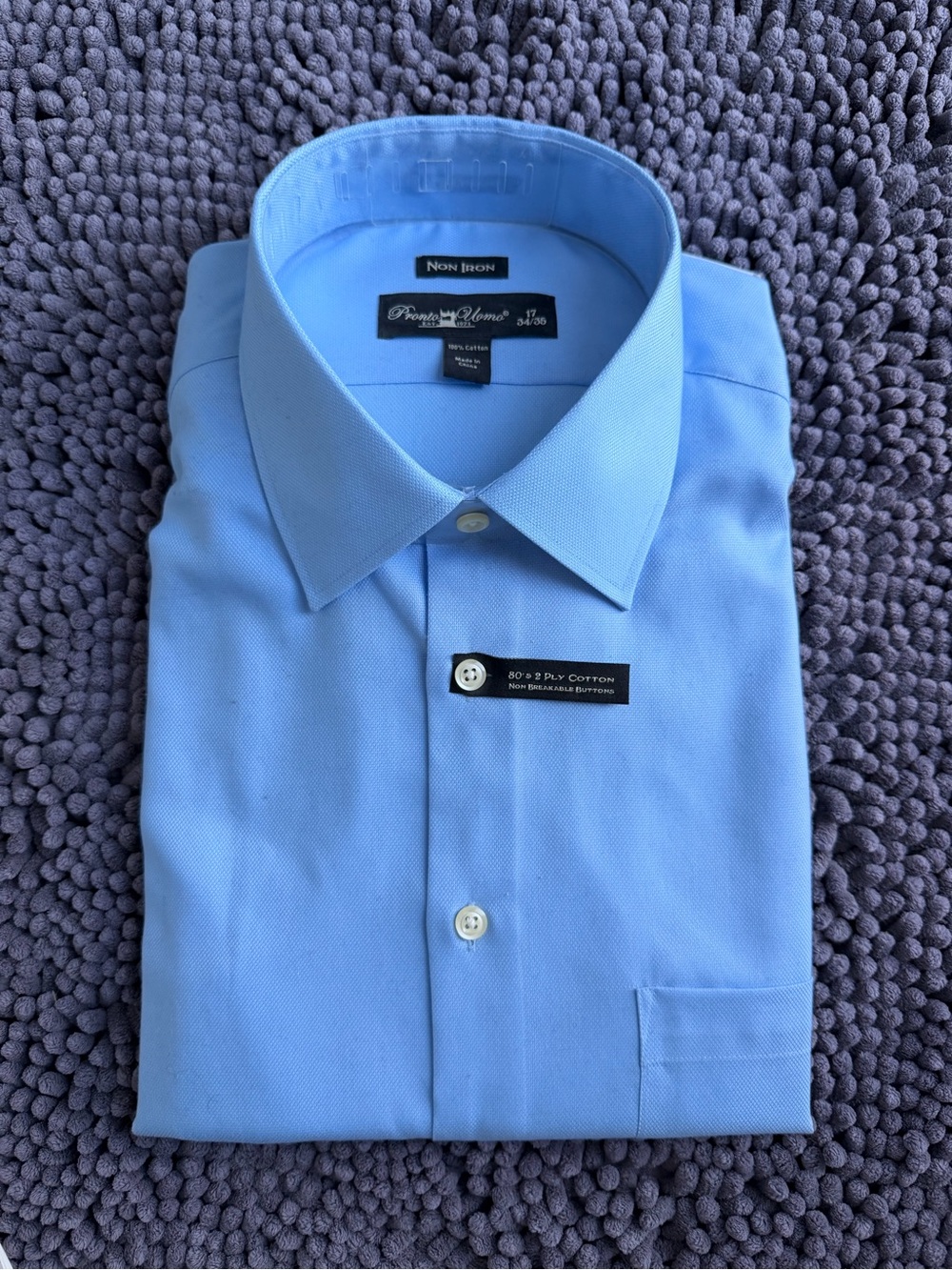 Pronto Uomo 2-Ply Cotton Non-Iron Dress Shirt Blue 17 34/35 NWT
